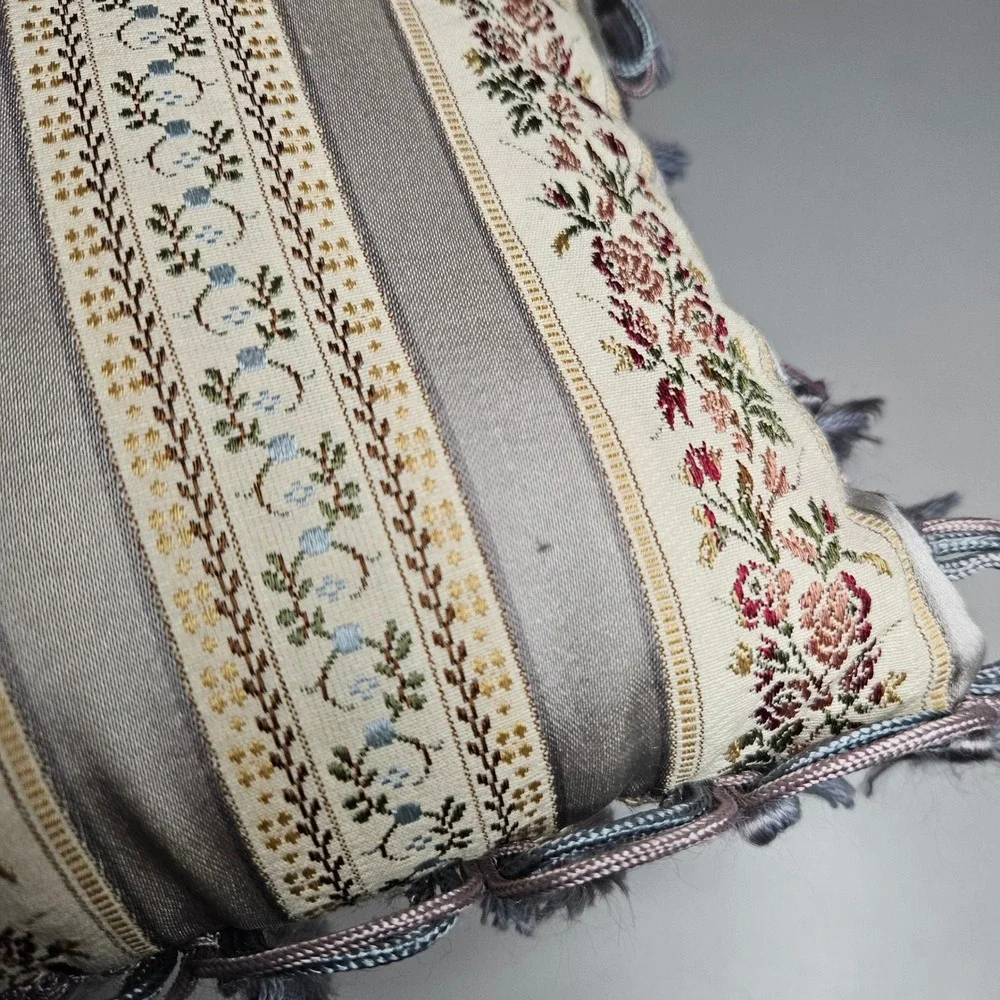 Vintage Floral Tapestry Accent Pillow Striped Tassel Trim Grey Cream 12x8